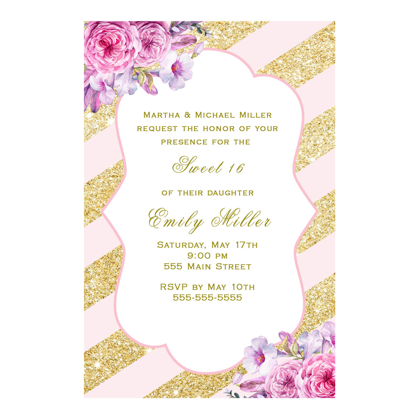 Sweet 16 quinceanera invitations pink gold floral printable – Pink
